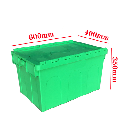550x370x320 মিমি ভাঁজযোগ্য স্ট্যাকযোগ্য ক্রেট সংযুক্ত কভার কন্টেইনার সহ সরানো প্লাস্টিক